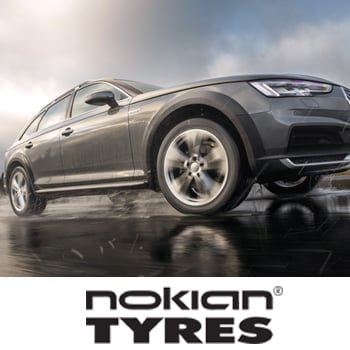 Vehicle driving on wet road with Nokian tires. Nokian tire special