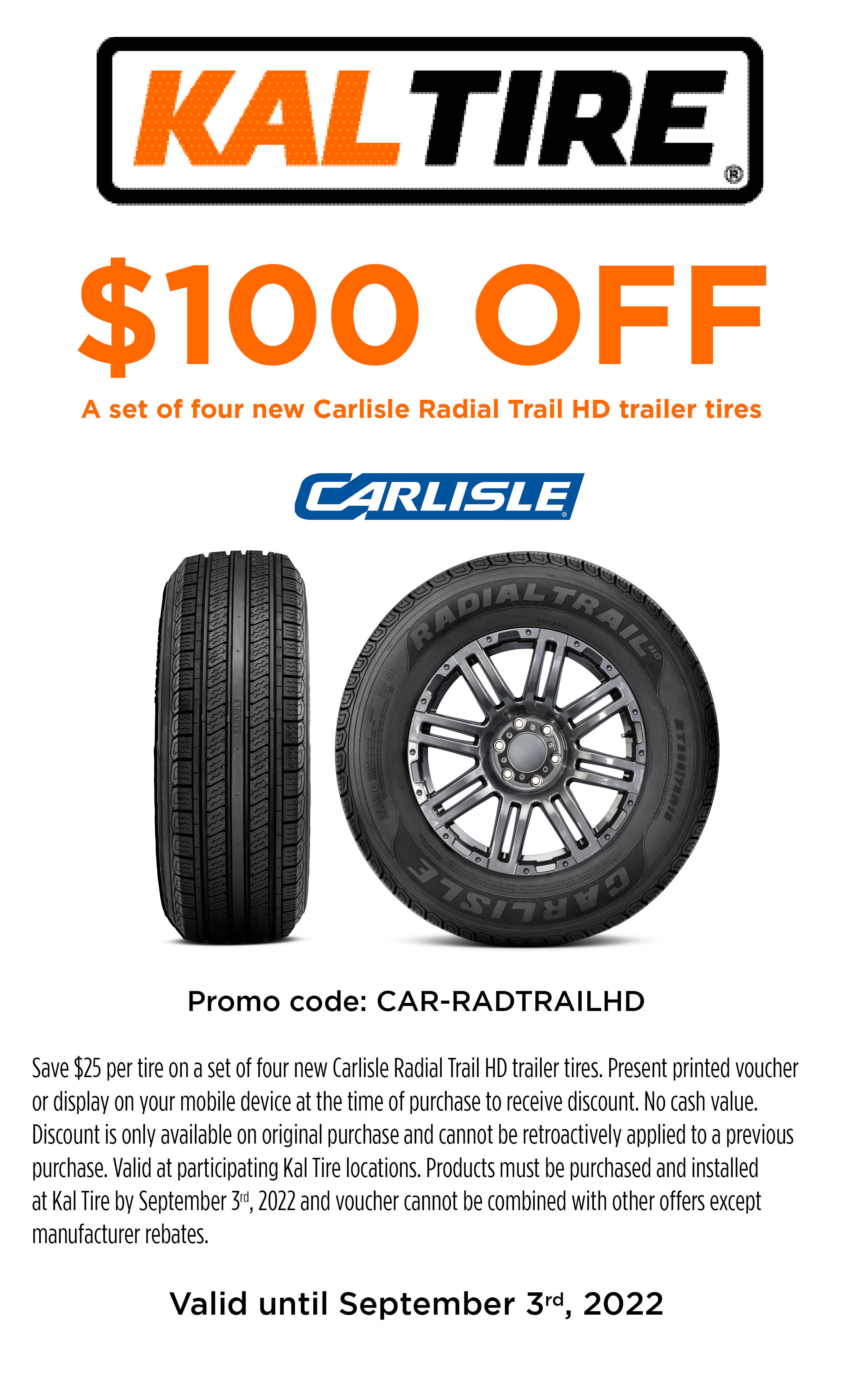 Save on a set of four new Carlisle Radial Trail HD trailer tires Kal Tire