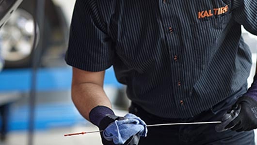 Kal Tire team member checking oil